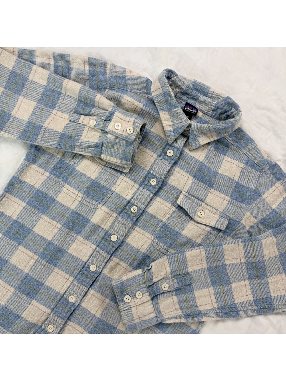 Patagonia Fjord Flannel Shirt Womens 10 Blue White Plaid Organic Cotton FA17